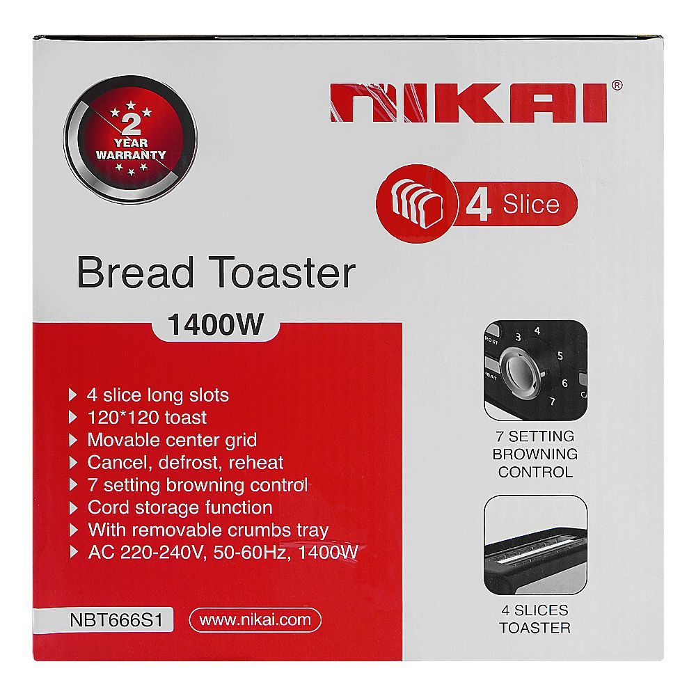 Nikai 4 Slice Bread Toaster 1400W NBT666S1 at Zubaidas Best Homestore in Pakistan