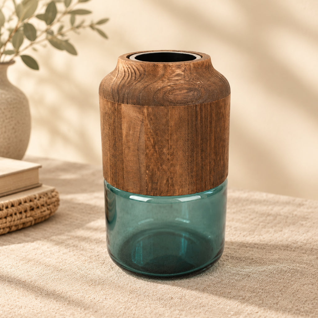Nordic Style Glass Vase with Wooden Base at Zubaidas Homestore