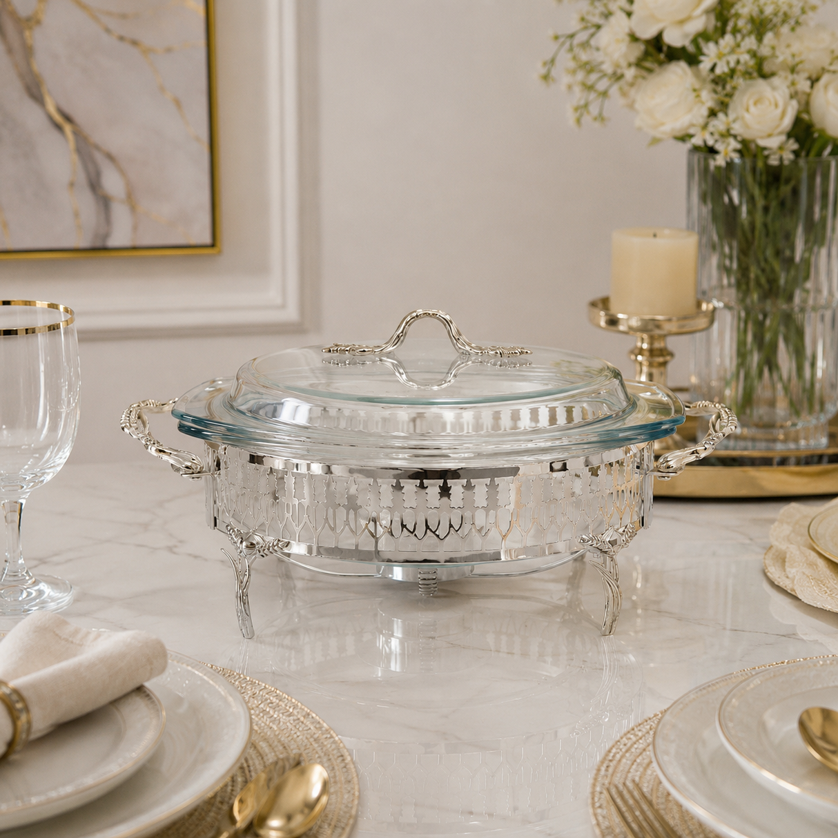 ORCHID Glass Serving Buffet Dish With Burner Silver at Zubaidas Homestore
