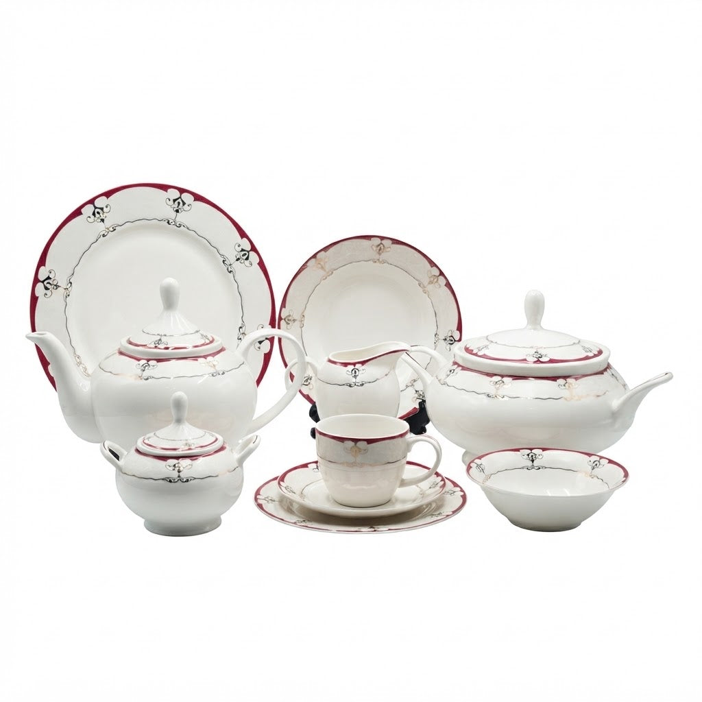 Parsachi Bone China Dinner Set 61 Pieces White and Red Accent at Zubaidas Homestore