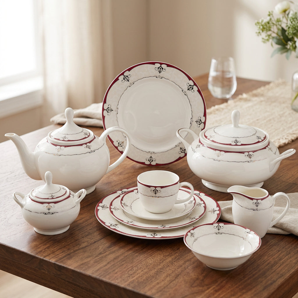 Parsachi Bone China Dinner Set 61 Pieces White and Red Accent at Zubaidas Homestore