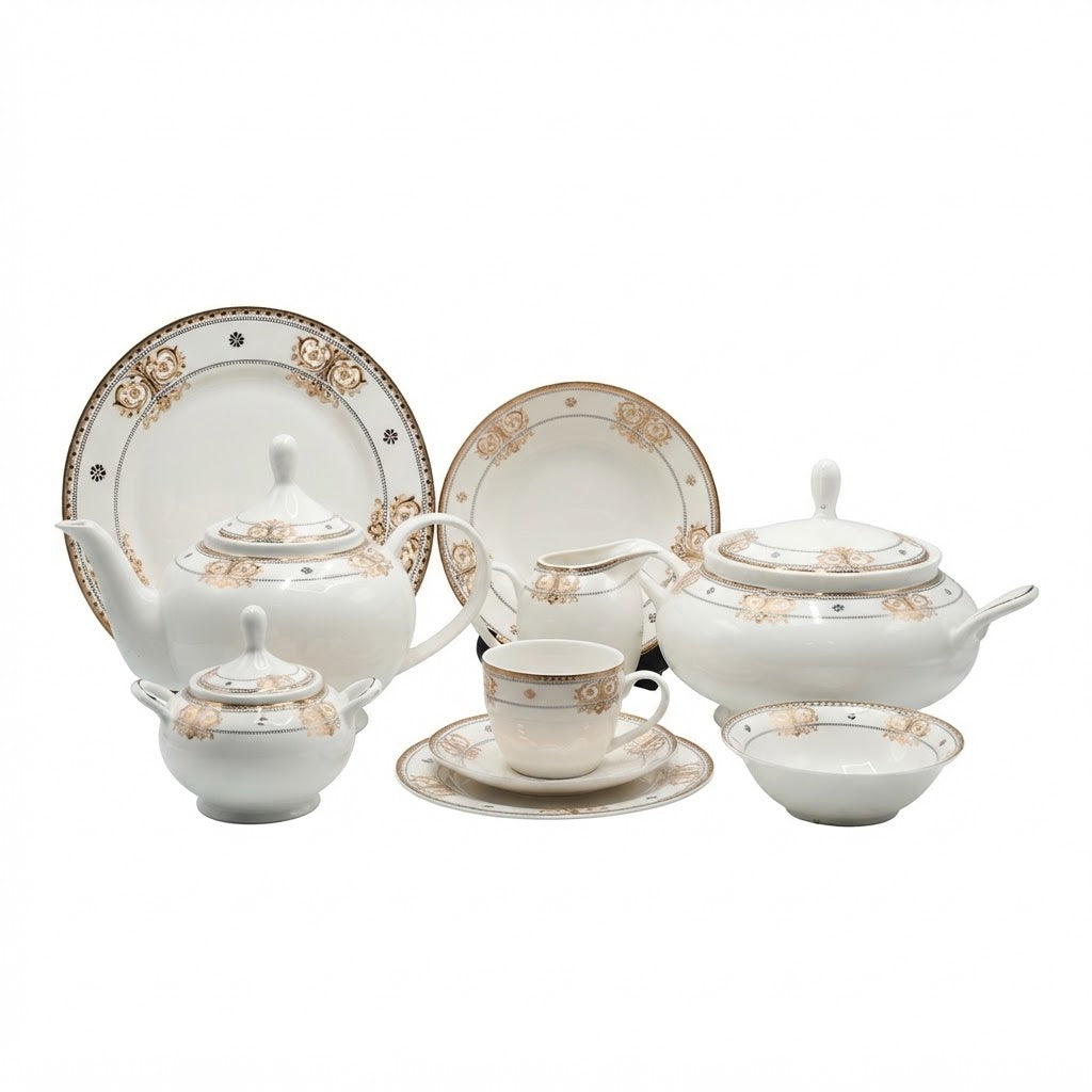Parsachi Bone China Dinner Set 75 Pieces White and Gold Accent at Zubaidas Homestore