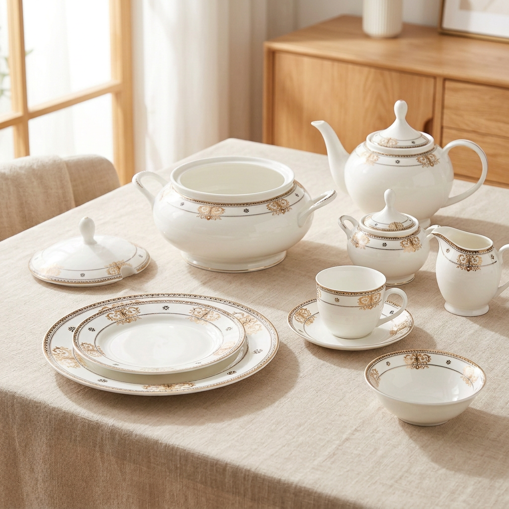 Parsachi Bone China Dinner Set 75 Pieces White and Gold Accent at Zubaidas Homestore