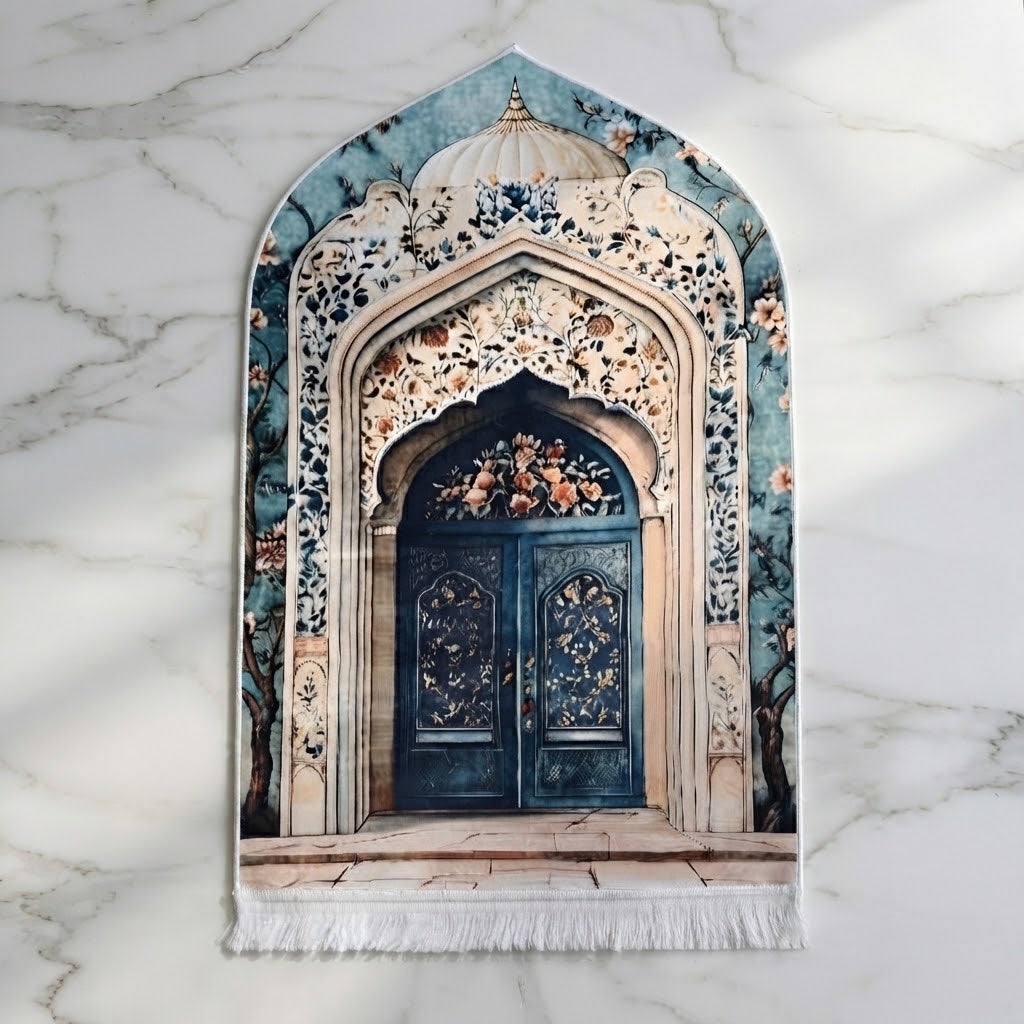 Plushmink Blue Palace Doors Floral Archway 3D Prayer Mat at Zubaidas Homestore