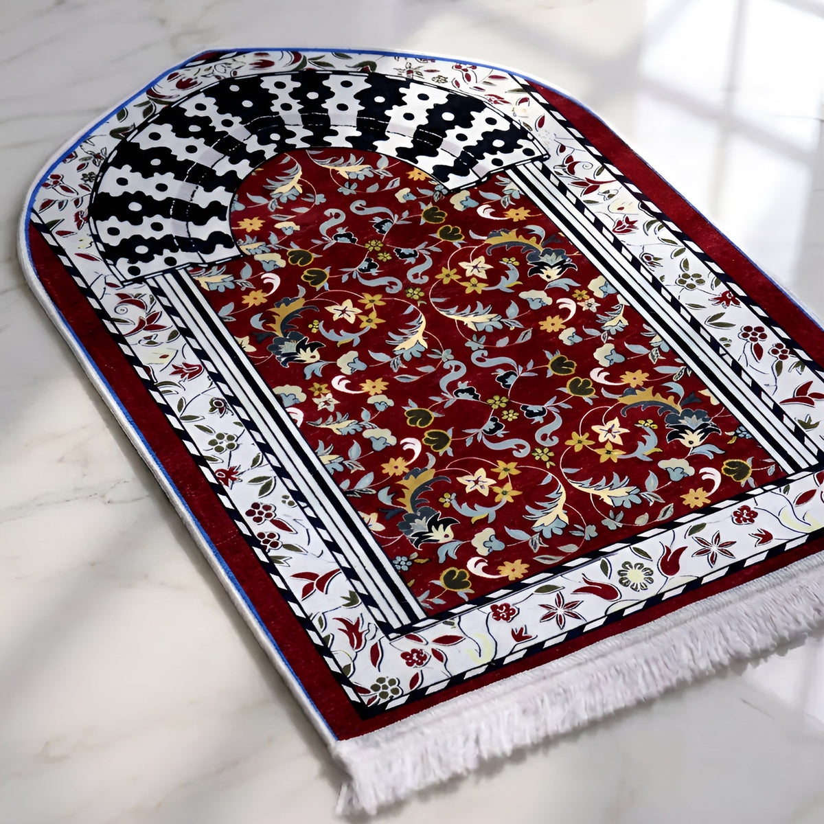 Plushmink Crimson Floral Arch Striped 3D Prayer Mat at Zubaidas Homestore Pakistan
