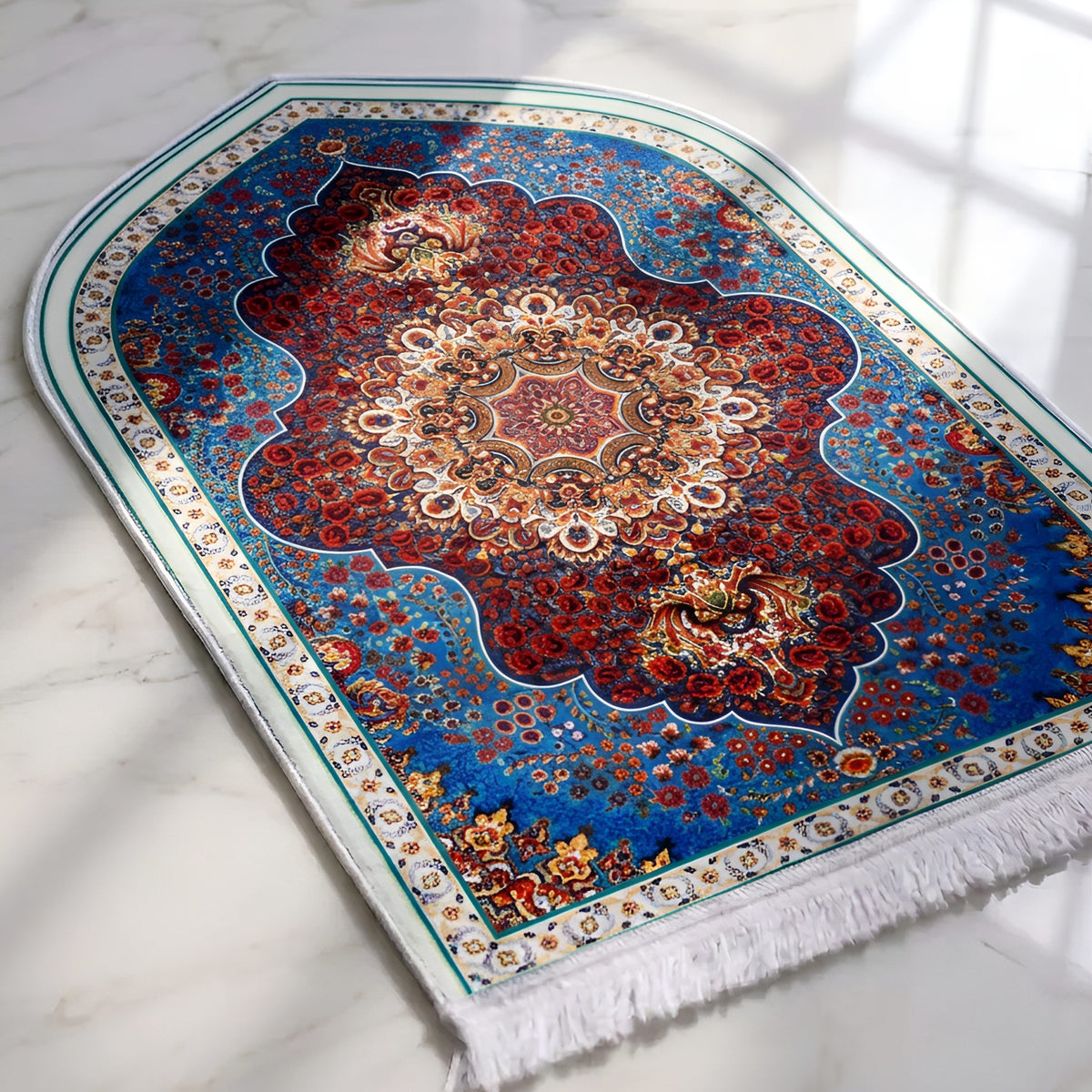 Plushmink Crimson Royal Blue Medallion 3D Prayer Mat at Zubaidas Homestore Pakistan