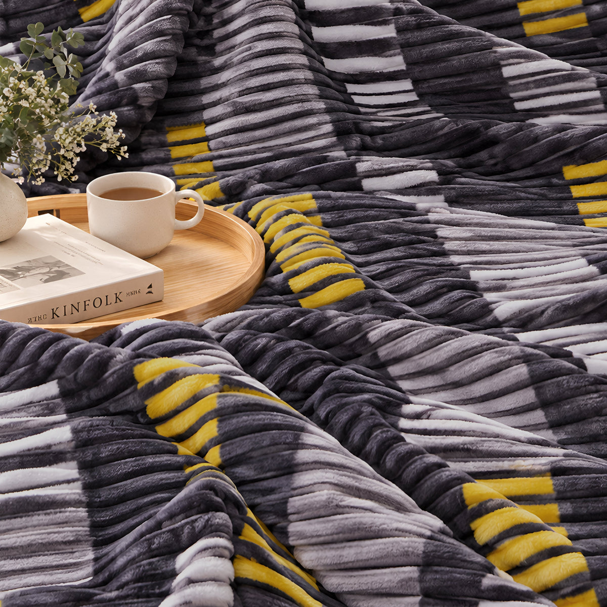 Plushmink Dark Grey Yellow Striped Winter Blanket Single Bed Size at Zubaidas Homestore Pakistan