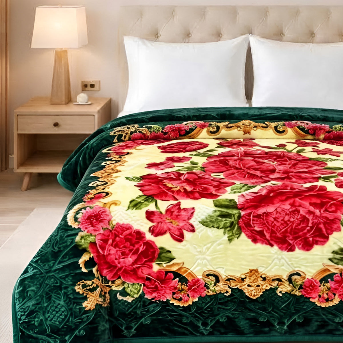 Plushmink Emerald Green Floral Winter Blanket at Zubaidas Homestore