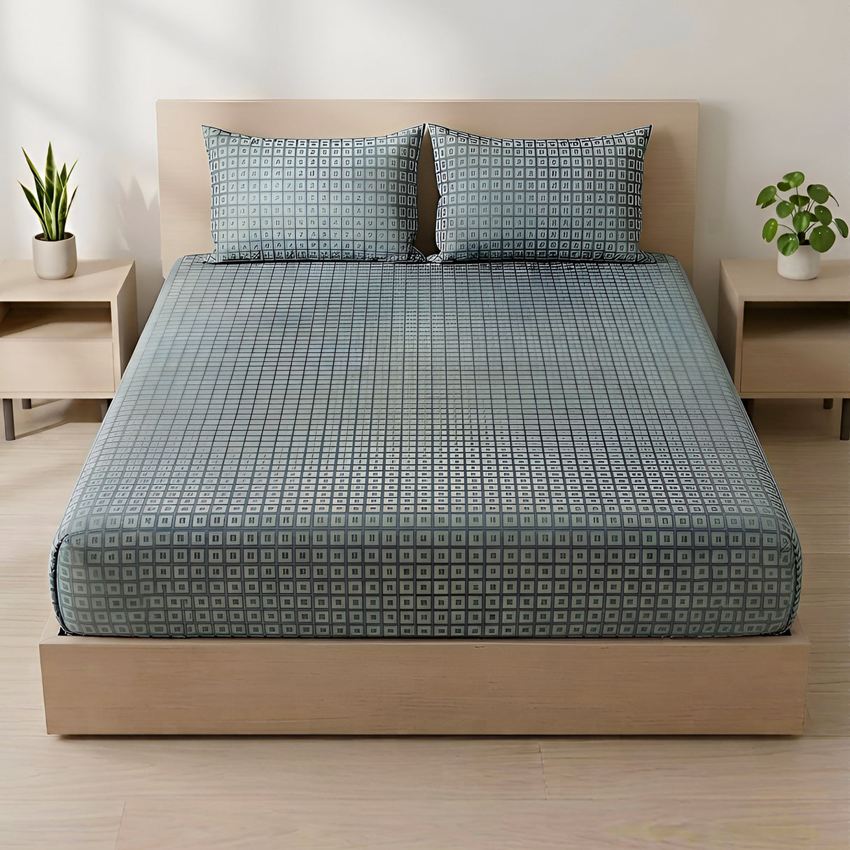 Plushmink Fantasy Fitted Bed Sheet-Leaf Grid at Zubaidas Homestore Pakistan
