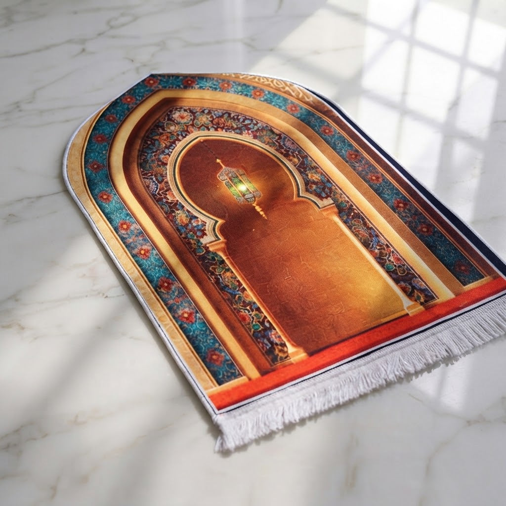Plushmink Golden Arch Hanging Lantern 3D Prayer Mat at Zubaidas Homestore Pakistan
