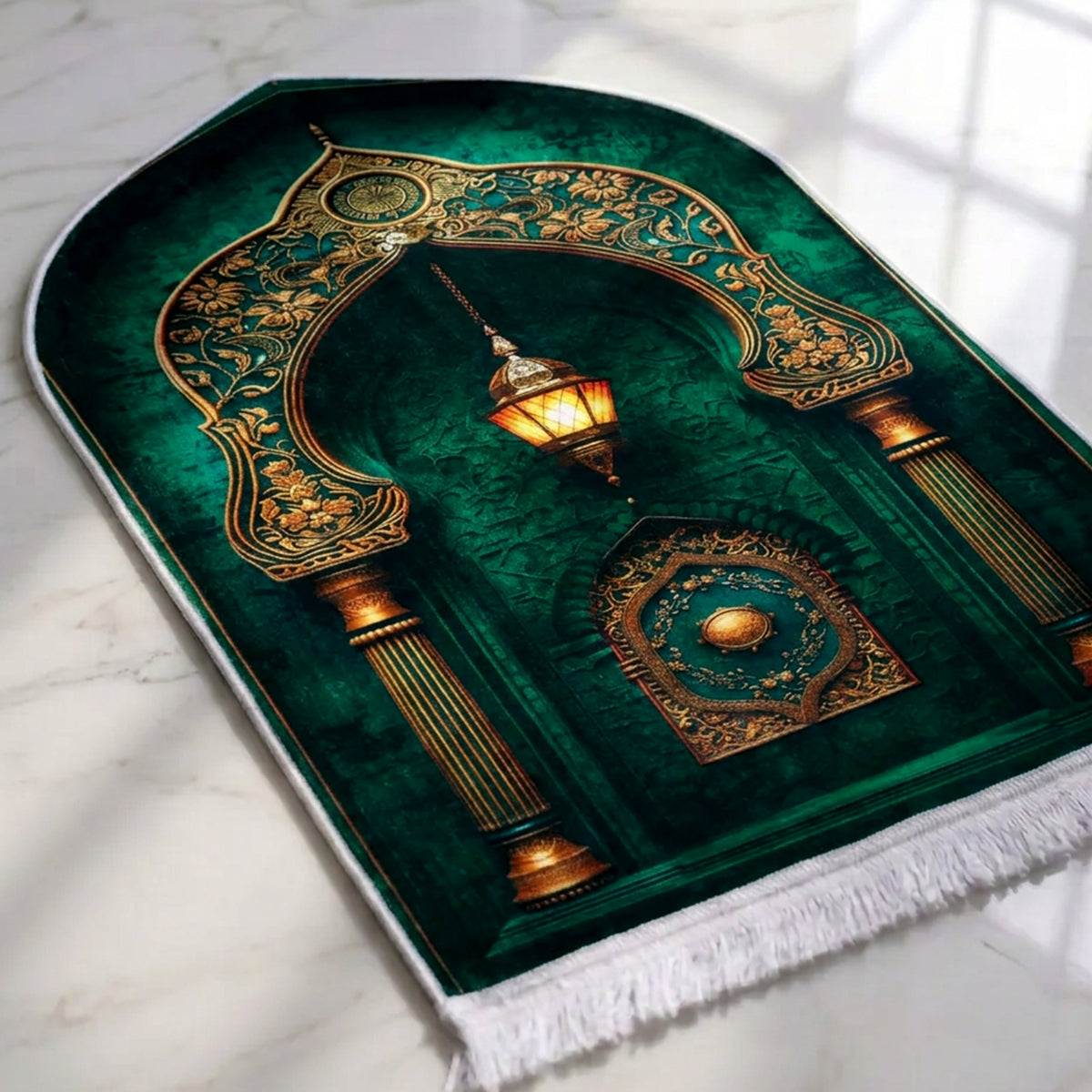Plushmink Green and Gold Lantern Arch 3D Prayer Mat at Zubaidas Homestore Pakistan