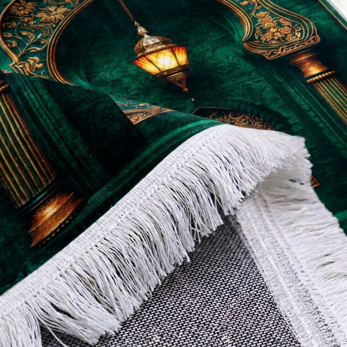 Plushmink Green and Gold Lantern Arch 3D Prayer Mat at Zubaidas Homestore. Most Trusted Homestore in Pakistan