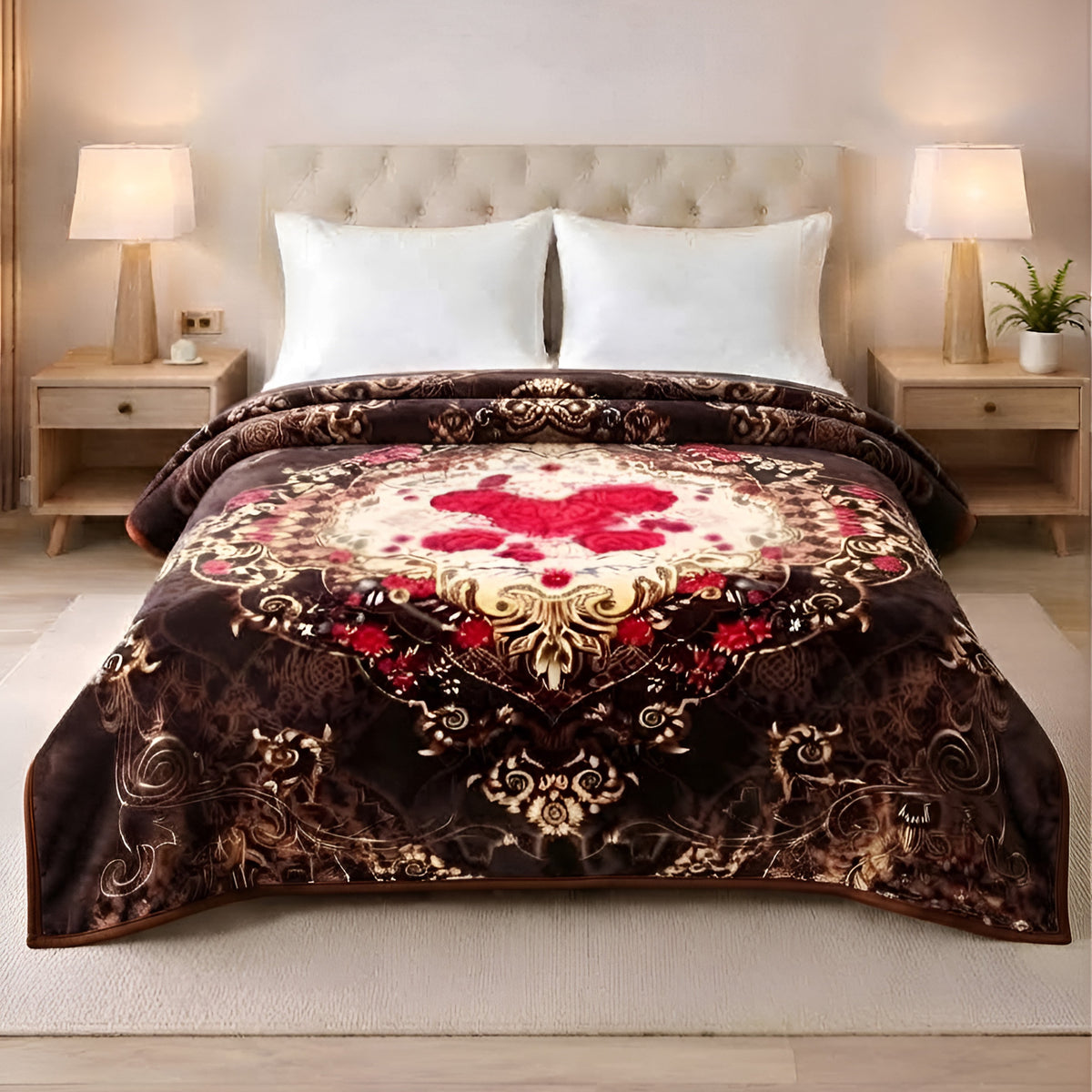 Plushmink Luxury Brown and Gold Baroque Winter Blanket Pakistan