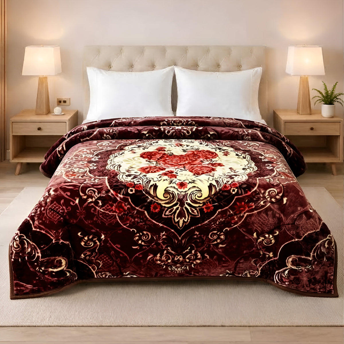 Plushmink Luxury Maroon and Gold Baroque Winter Blanket at Zubaidas Homestore Pakistan