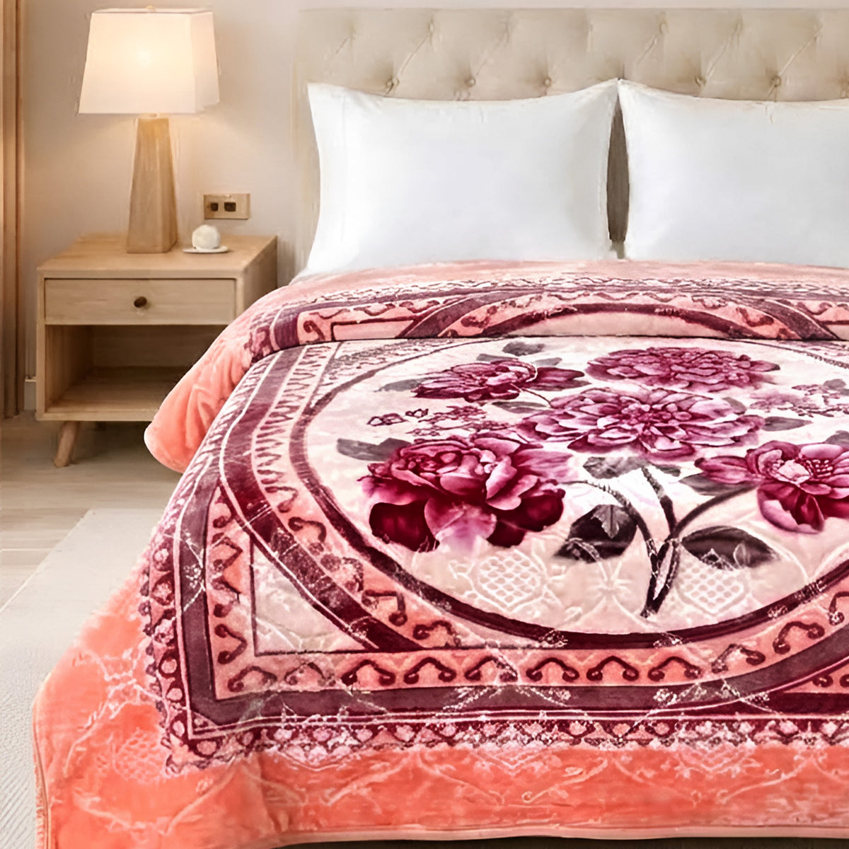 Plushmink Luxury Peach Floral Plush Blanket at Zubaidas Homestore