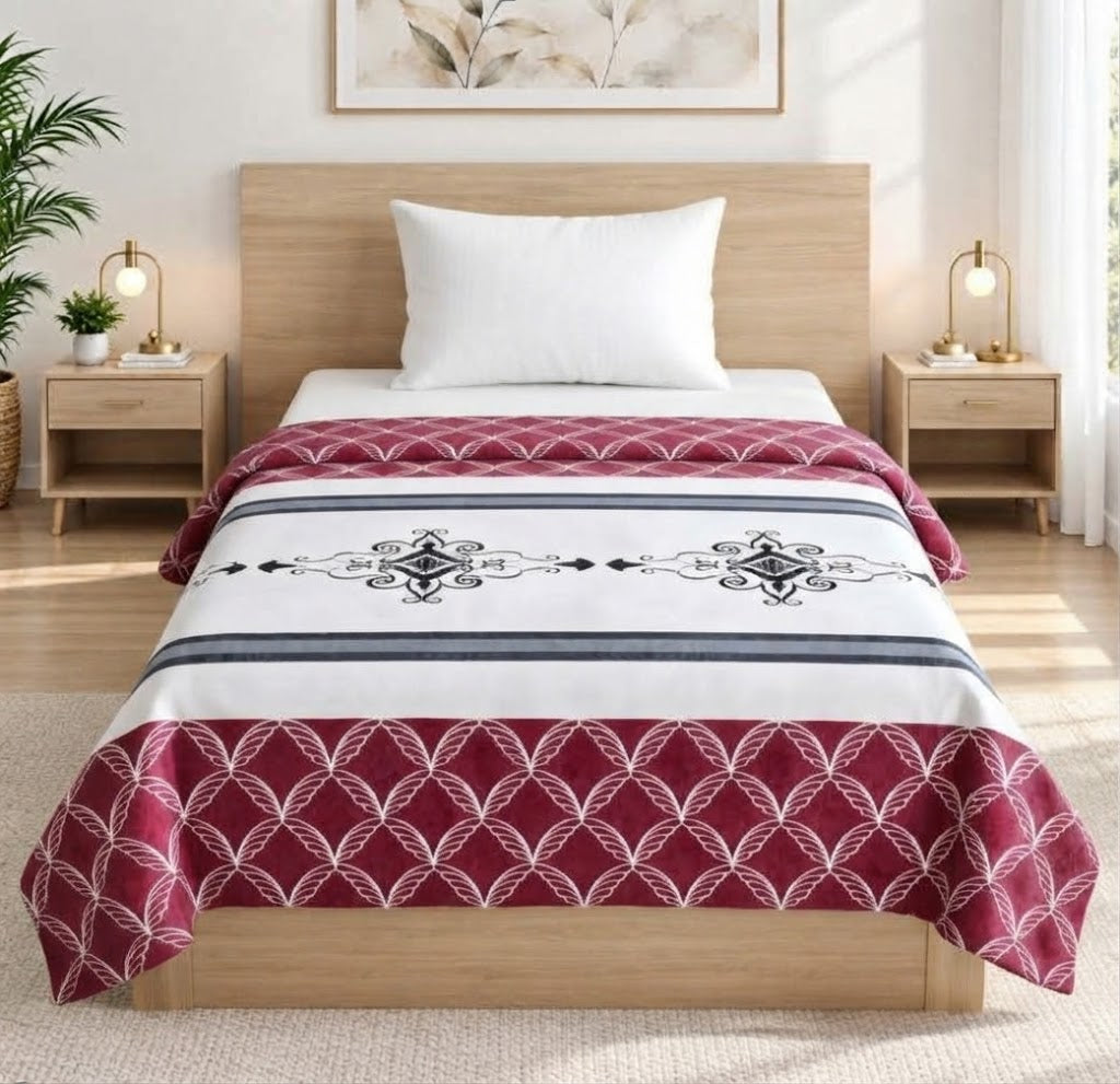 Plushmink Maroon and White Motif Winter Blanket Single Bed Size at Zubaidas Homestore
