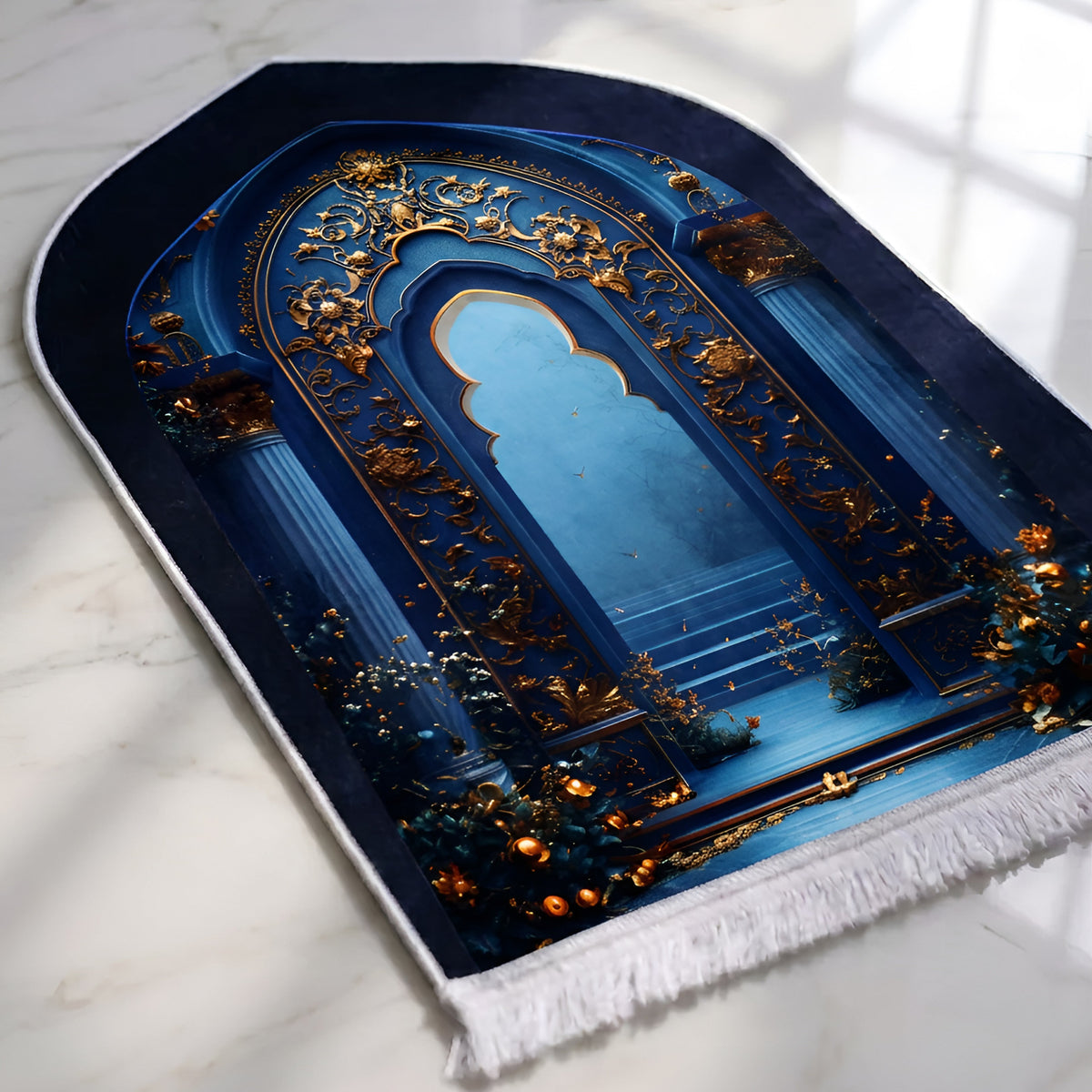 Plushmink Ornate Blue Niche with Golden Accents 3D Prayer Mat at Zubaidas Homestore Pakistan