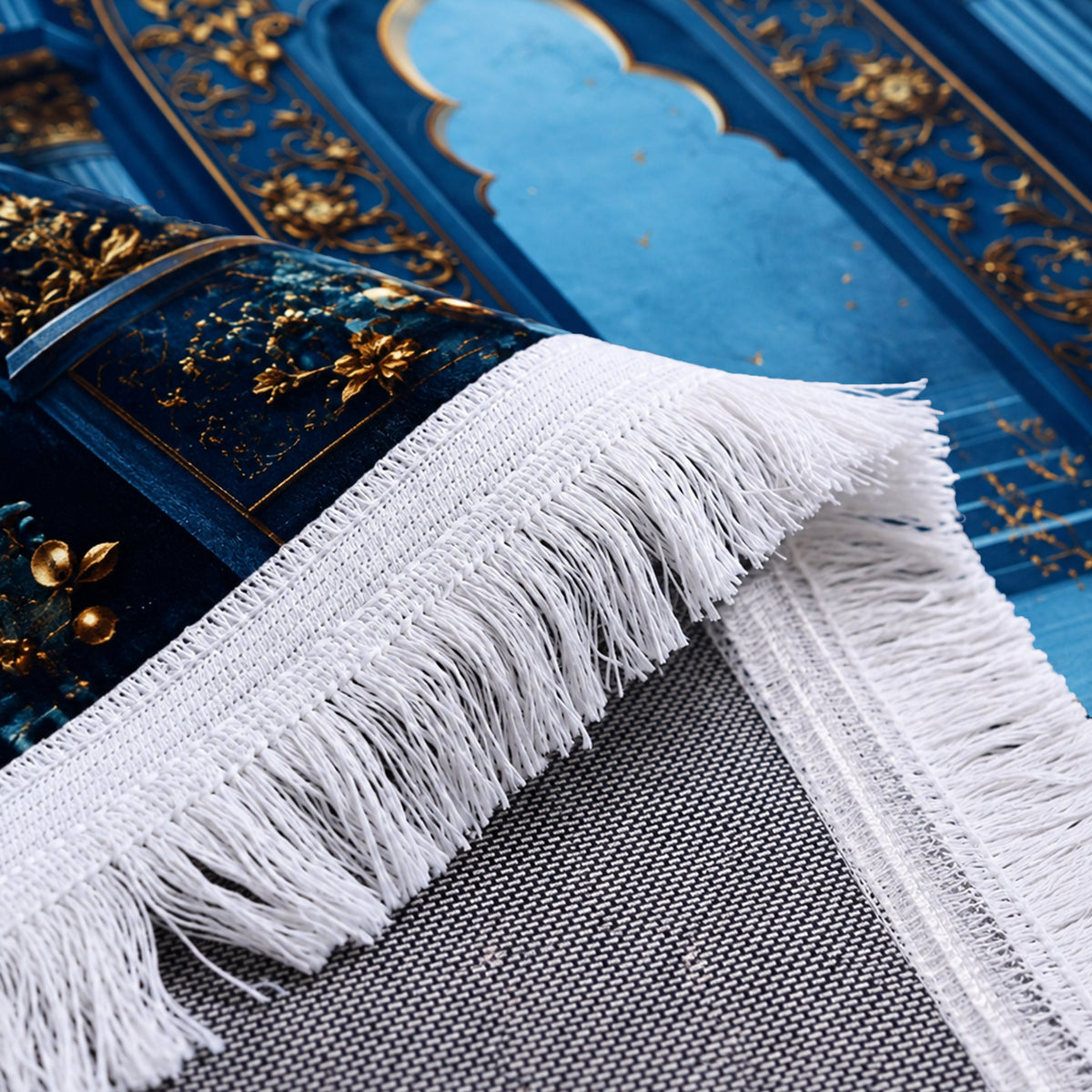 Plushmink Ornate Blue Niche with Golden Accents 3D Prayer Mat at Zubaidas Homestore. Most Trusted Homestore in Pakistan