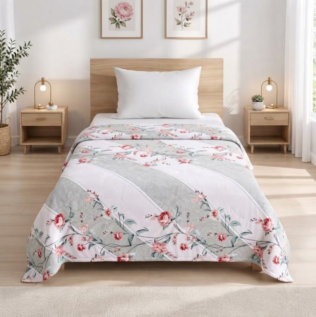 Plushmink Pink Floral Striped Winter Blanket Single Bed Size at Zubaidas Homestore