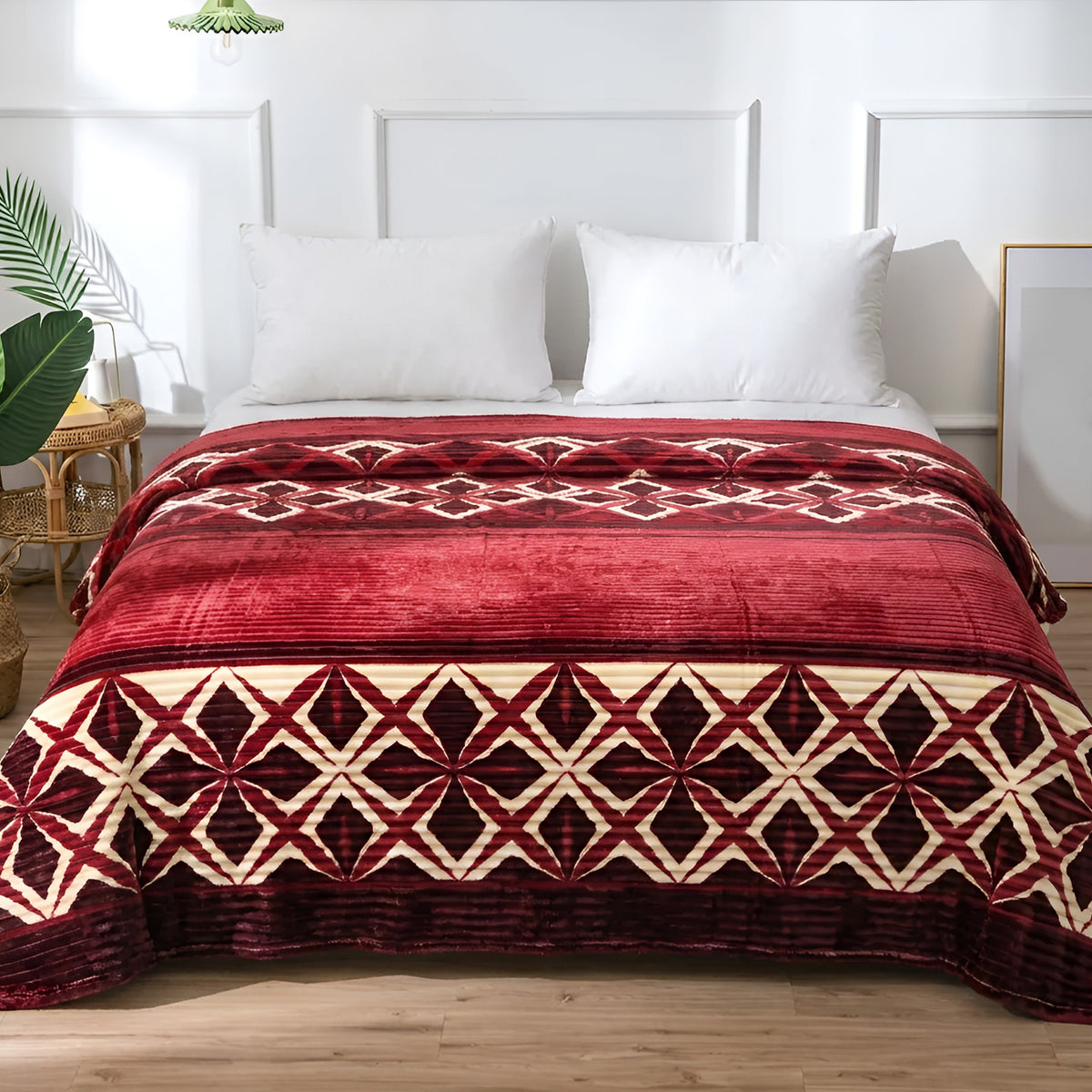 Plushmink Red and Cream Diamond Pattern Winter Blanket at Zubaidas Homestore