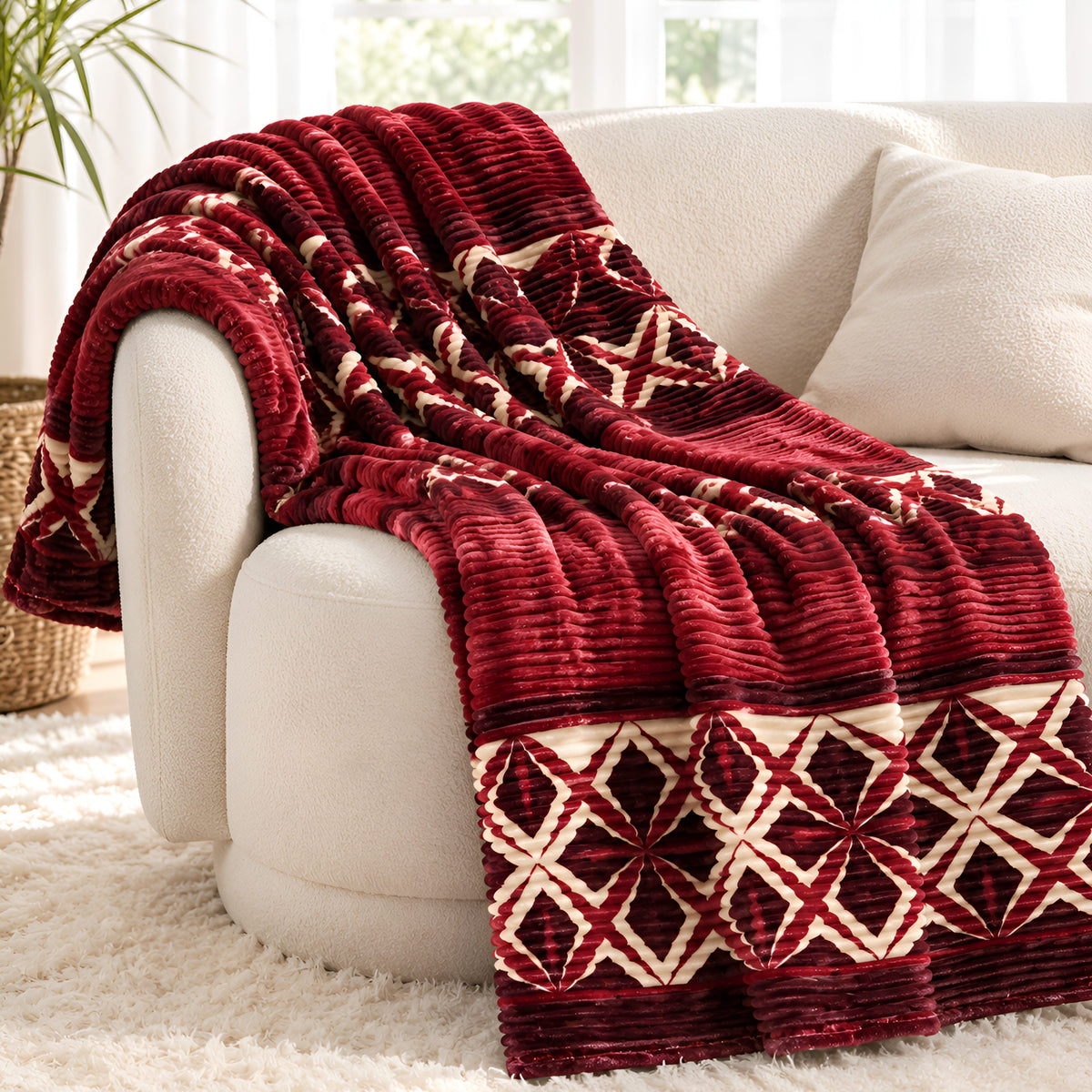 Plushmink Red and Cream Diamond Pattern Winter Blanket Single Bed Size at Zubaidas No#01 Homestore in Pakistan