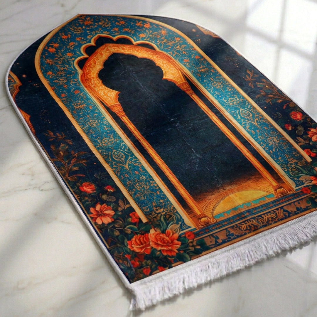 Plushmink Royal Blue with Orange Roses 3D Prayer Mat at Zubaidas Homestore Pakistan