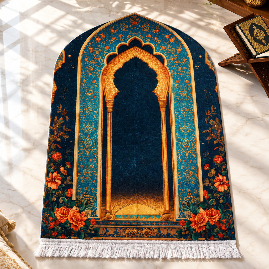 Plushmink Royal Blue with Orange Roses 3D Prayer Mat at Zubaidas Homestore