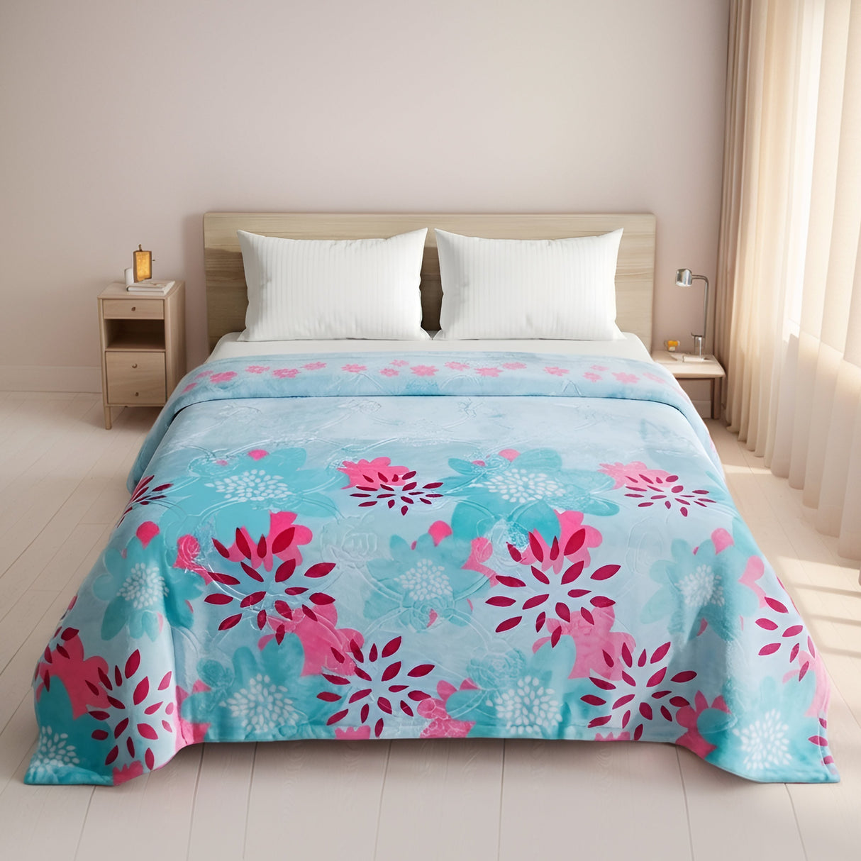 Plushmink Supremo Flannel AC Blanket Aqua Double with Border at Zubaidas Homestore Pakistan