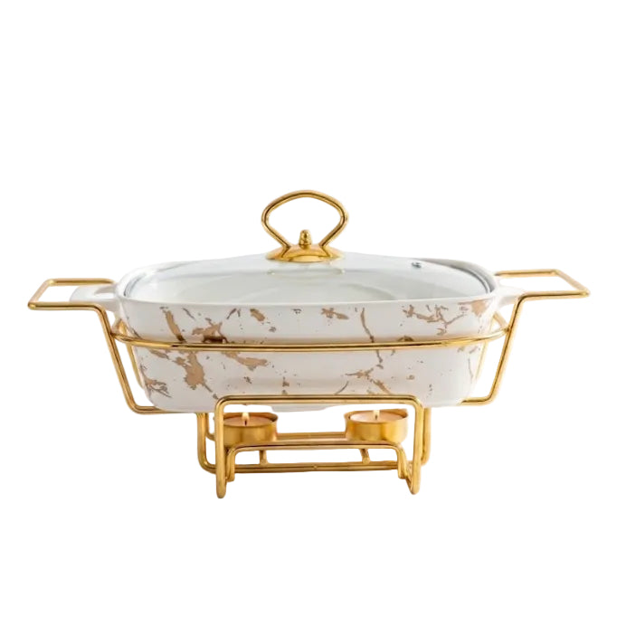 Rectangular Ceramic Casserole With Gold Warmer Stand 30cm at Zubaidas Homestore Pakistan