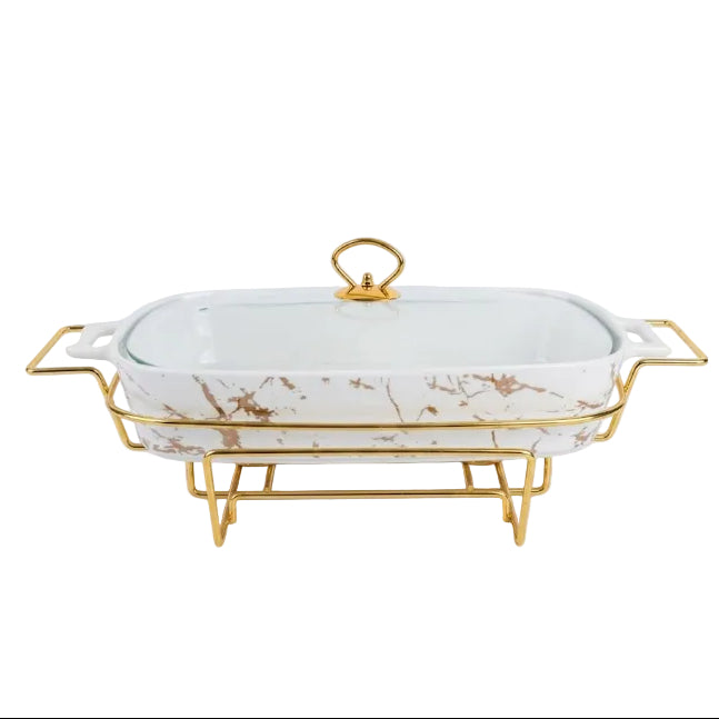 Rectangular Ceramic Casserole With Gold Warmer Stand 43cm at Zubaidas Homestore Pakistan
