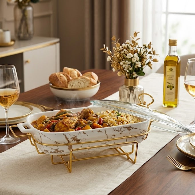 Rectangular Ceramic Casserole With Gold Warmer Stand 43cm at Zubaidas Homestore Best for Home Shopping