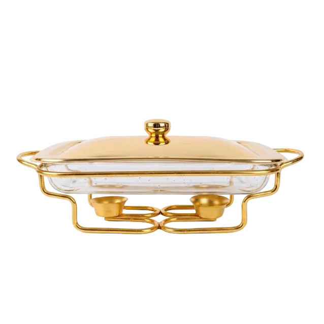 Rectangular Glass Chafing Dish With Gold Warmer Stand 2L at Zubaidas Homestore Pakistan