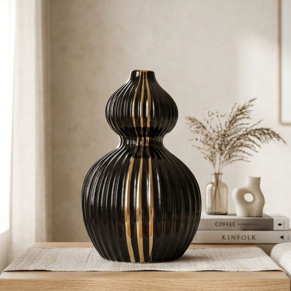Ribbed Ceramic Black and Metallic Gold Striped Decorative Vase at Zubaidas Homestore