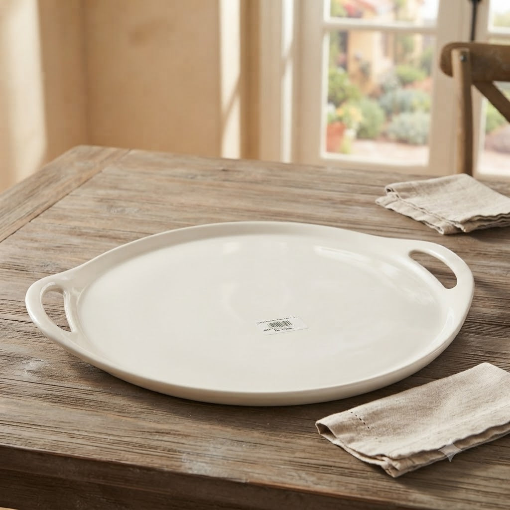 Round Serving Tray with Handles 35cm White Ceramic at Zubaidas Homestore Pakistan