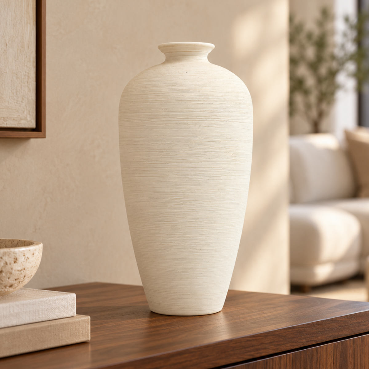 Rustic White Horizontal Ribbed Decor Vase at Zubaidas Homestore