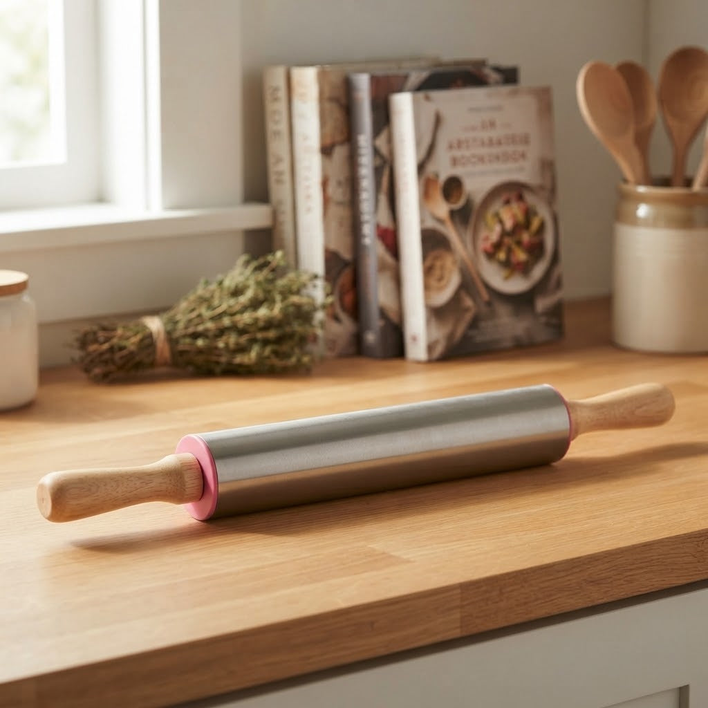 RYL Stainless Steel Rolling Pin with Wooden Handles at Zubaidas Homestore