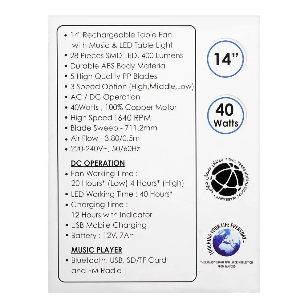 Sanford Rechargeable 40W Table Fan 35.5 cm at Zubaidas Number 1 Home Shop in Pakistan