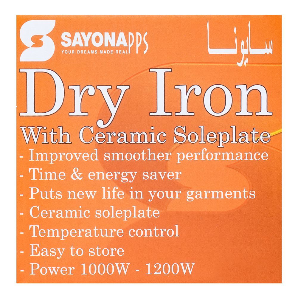 Sayona Dry Iron 1000-1200W SJ-402C at Zubaidas Best Online Homestore in Pakistan