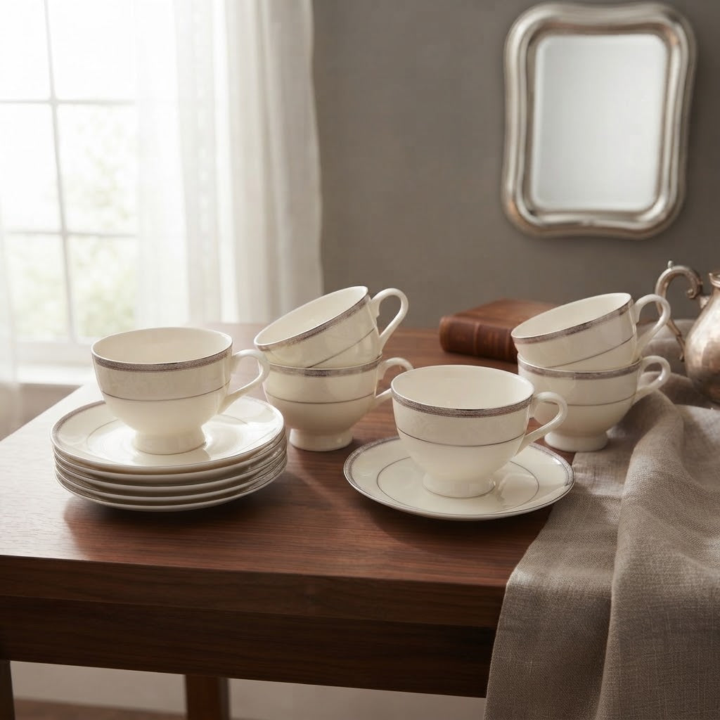 Shallow Bone China Cups and Saucers 6 Pieces Set White at Zubaidas Homestore