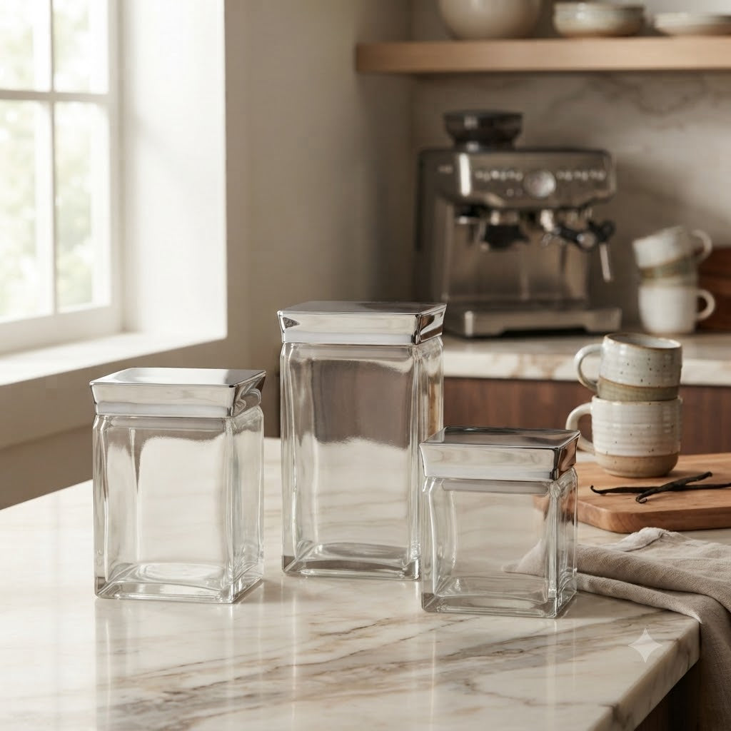 Square Glass Jar 3 Pieces Set at Zubaidas Homestore Pakistan