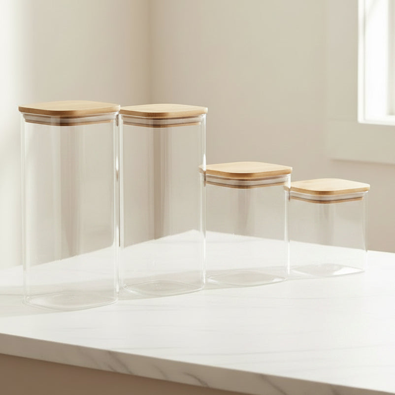 Square Glass Storage Jar Set of 4 with Bamboo Lids at Zubaidas Homestore