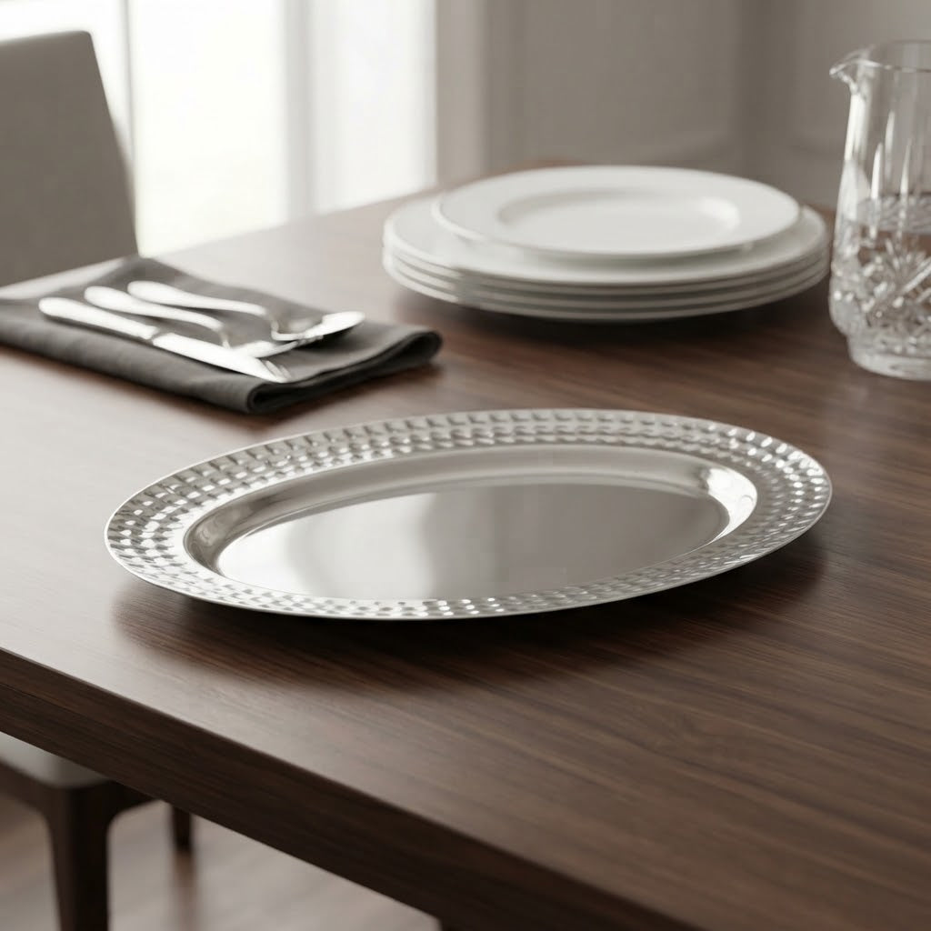 Textured Edge Oval Serving Platter 30cm Silver at Zubaidas Homestore