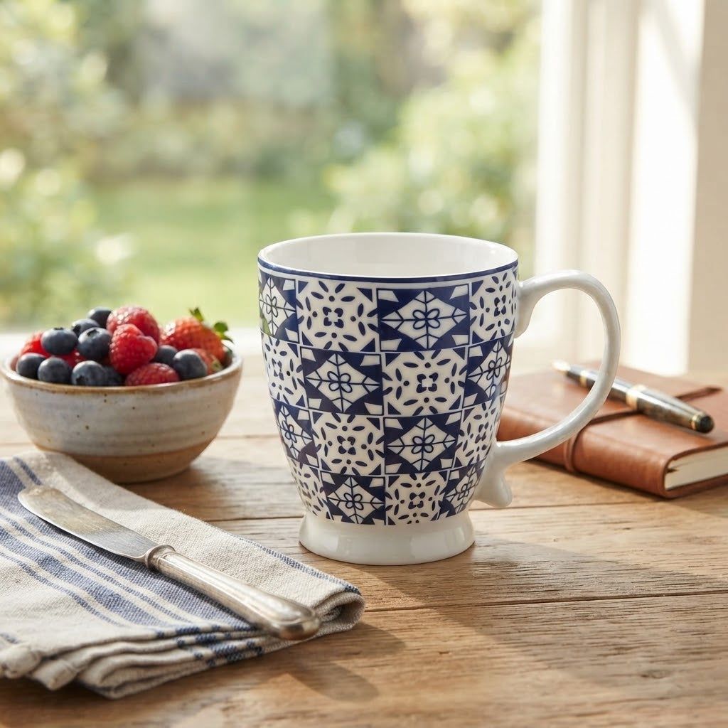 Tile Pattern Ceramic Coffee Mug 420ml Blue And White at Zubaidas Homestore