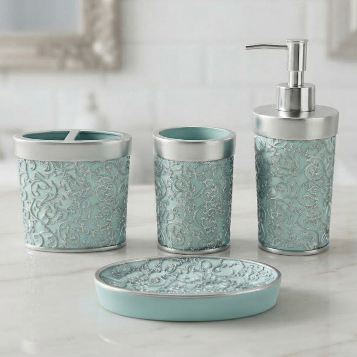 Turquoise Embossed Ceramic Bathroom Accessory Set at Zubaidas Homestore