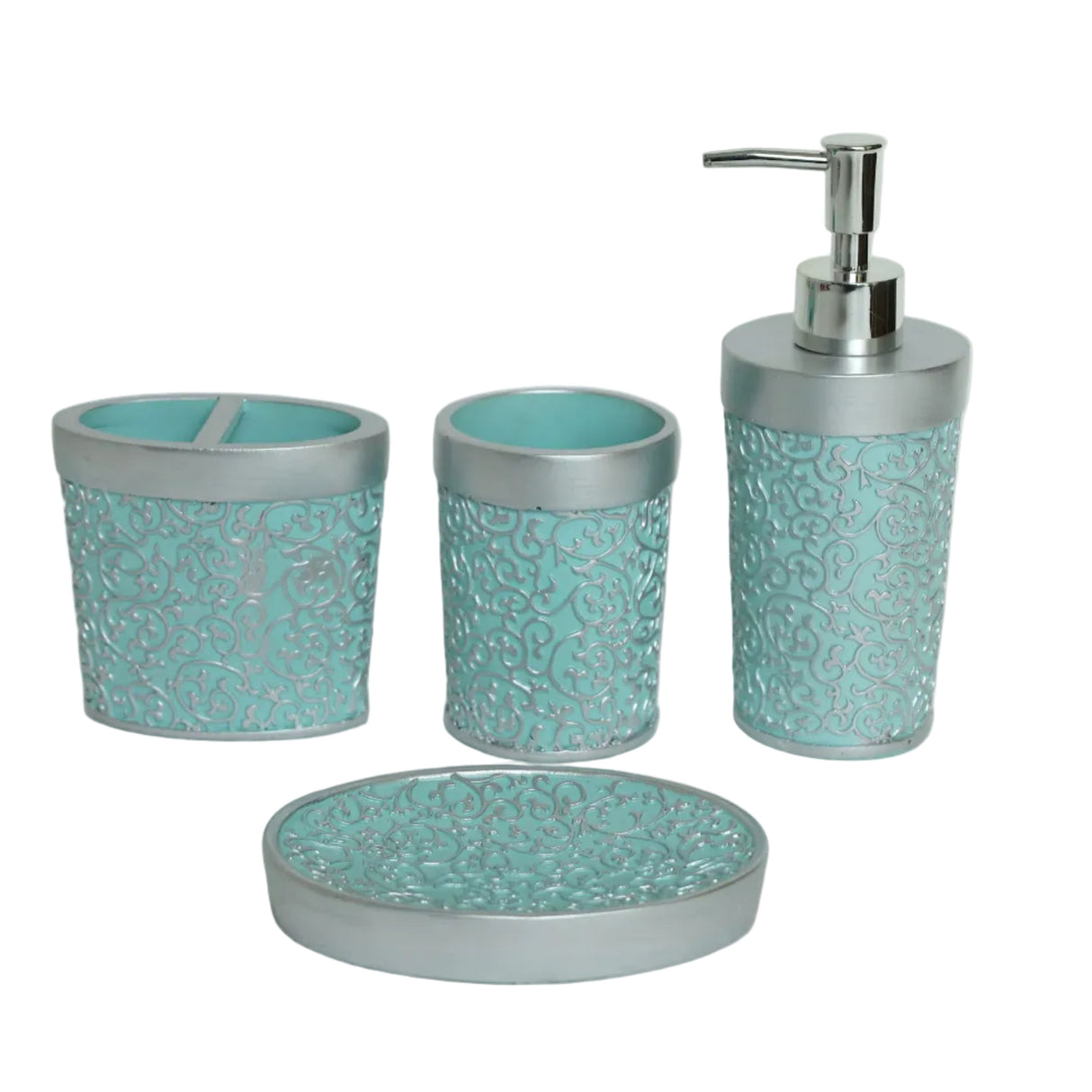 Turquoise Embossed Ceramic Bathroom Accessory Set at Zubaidas Homestore Pakistan