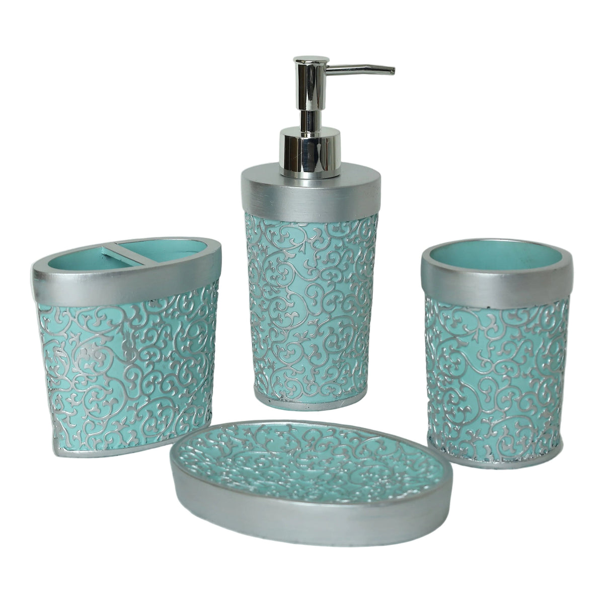 Turquoise Embossed Ceramic Bathroom Accessory Set at Zubaidas Best Homestore in Pakistan