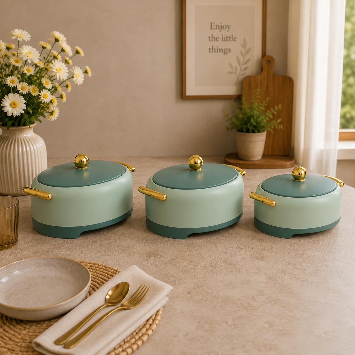Two-Tone Green Hot Pot Set With Gold Handles at Zubaidas Homestore Pakistan