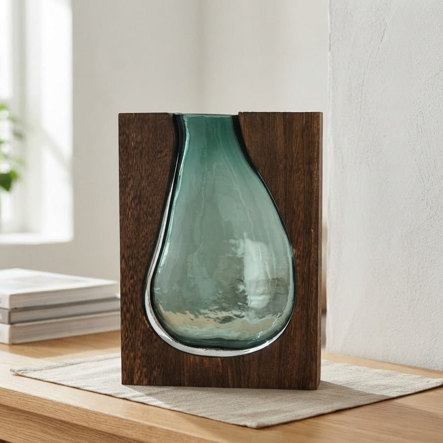 Wooden Encased Sage Glass Vase at Zubaidas Homestore