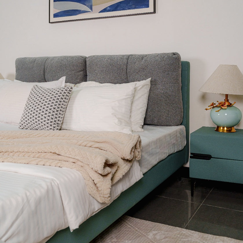 Zhomes Bed Loft with Night Table Rosy Warm Grey Eucaluptus at Zubaidas No#1 Homestore in Pakistan