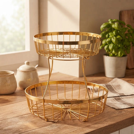 2 Tier Iron Fruit and Storage Basket Golden at Zubaidas Homestore